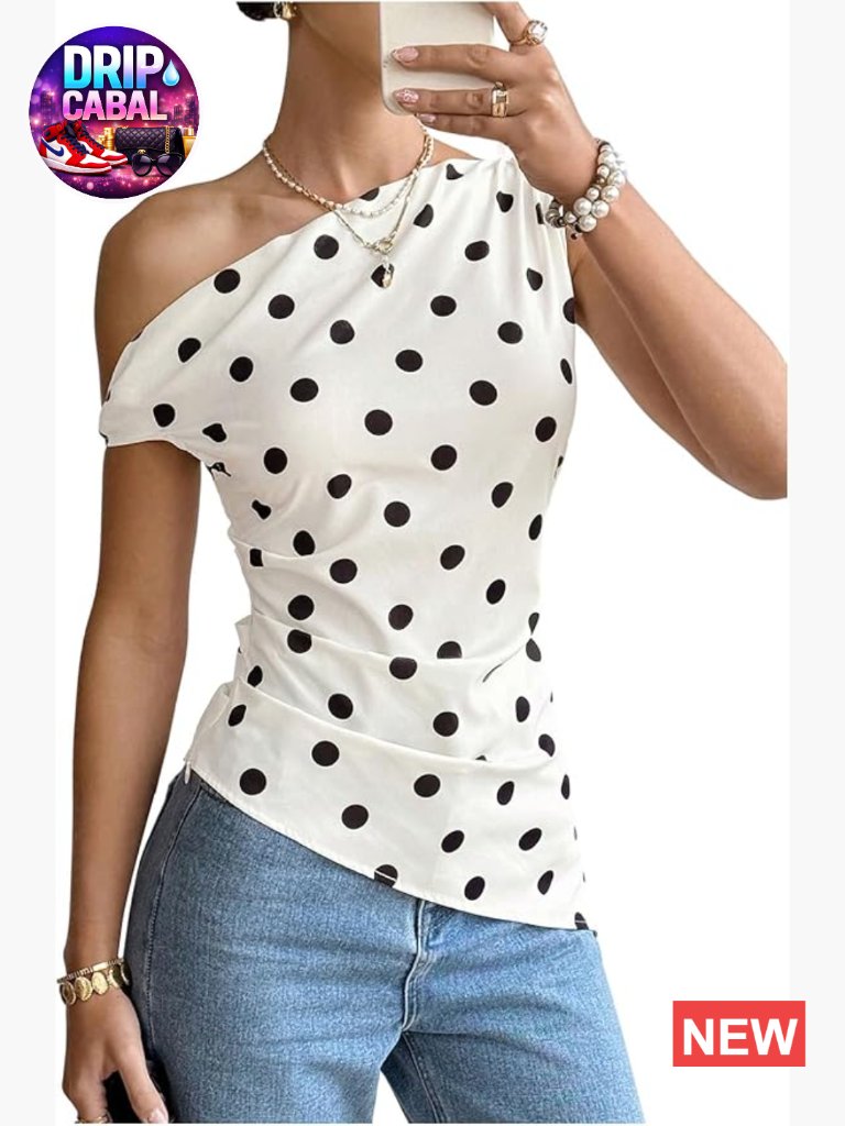 Off The Shoulder Ruched Asymmetrical Polka Dot Tee